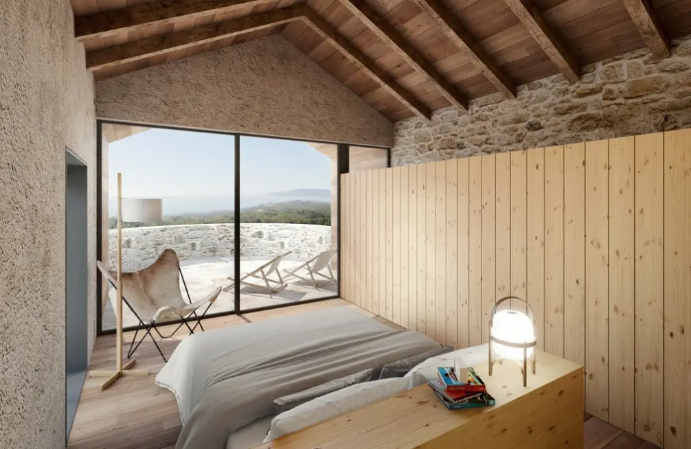 Interior rehabilitado de la vivienda en Finisterre.