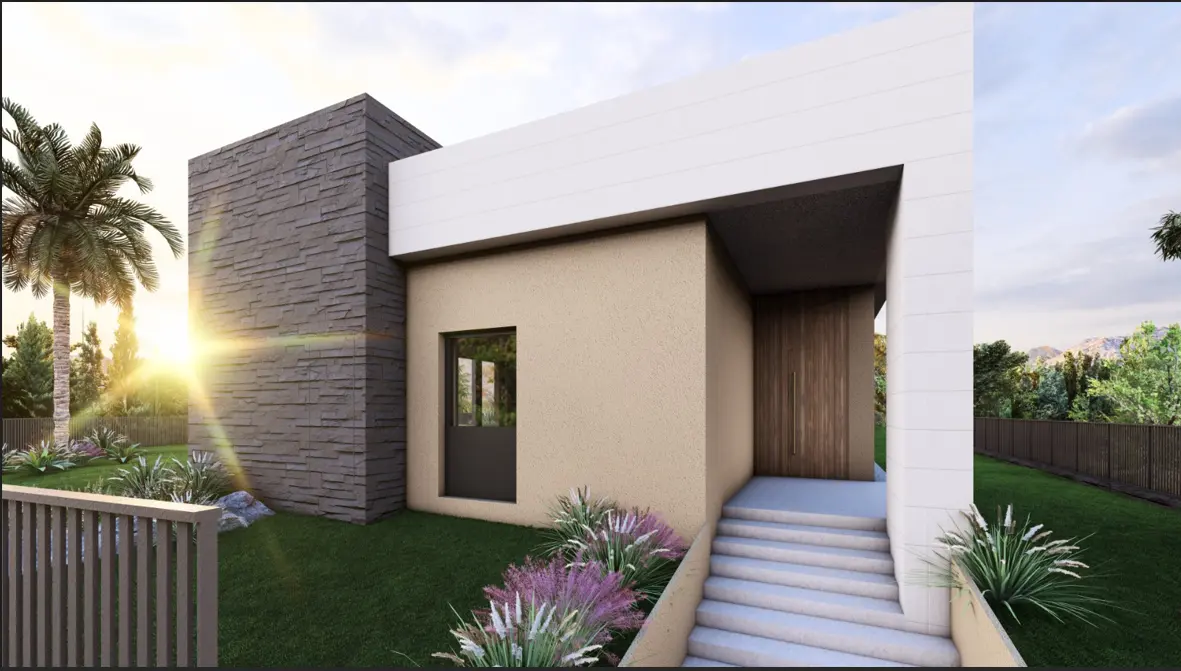 Render exterior de acceso de la vivienda unifamiliar en Vilassar.