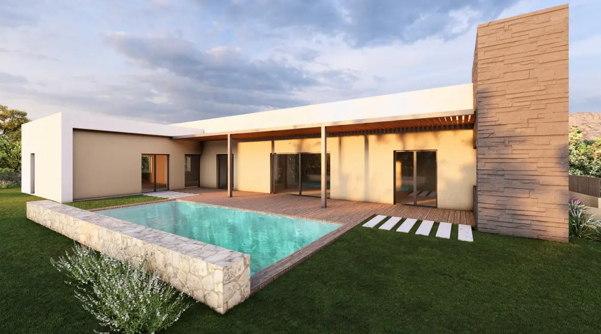 Render exterior con piscina de la vivienda unifamiliar en Vilassar.
